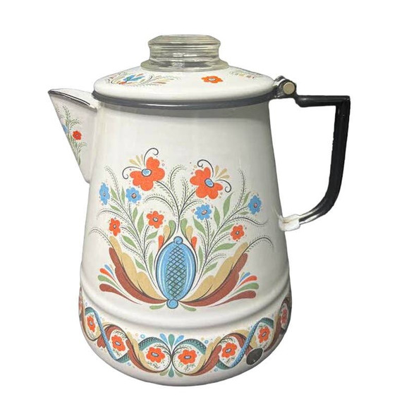 Vintage Coffee Pot Floral Enamelware Vintage Percolator Swedish Folk Art - Picture 1 of 11